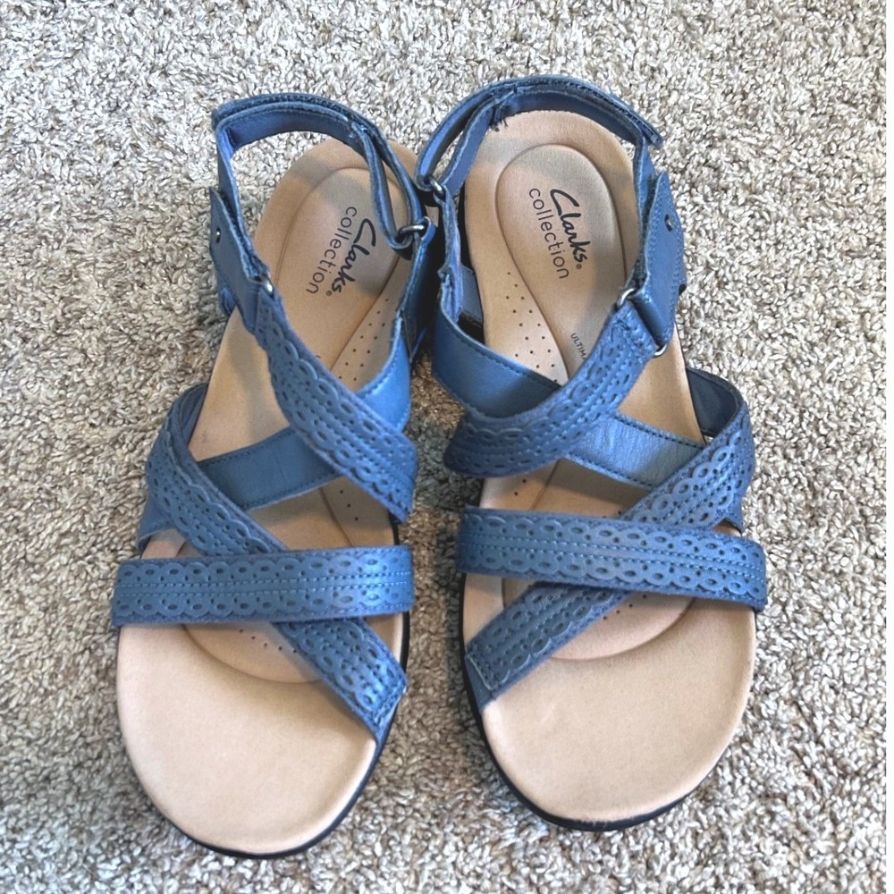 Clarks® Laurieann Rena Travel Women's Blue Leather Sandals SZ 9.5